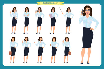 Obraz premium Set of Businesswoman character design with different poses. Illustration isolated vector on white. Woman in office clothes. Business people