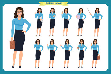 Obraz premium Set of Businesswoman character design with different poses. Illustration isolated vector on white. Woman in office clothes. Business people