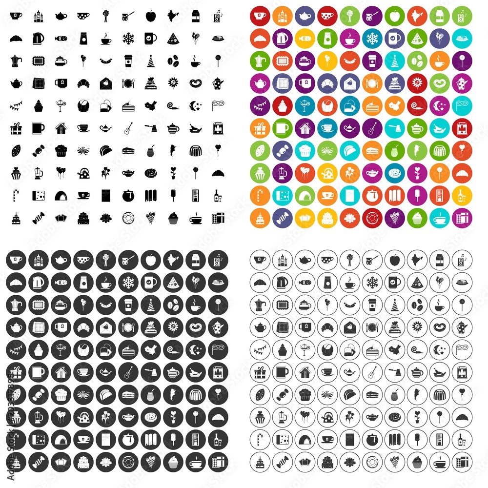 Aufkleber 100 tea party icons set vector in 4 variant for any web design isolated on white