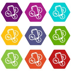 Mobile money icons 9 set coloful isolated on white for web