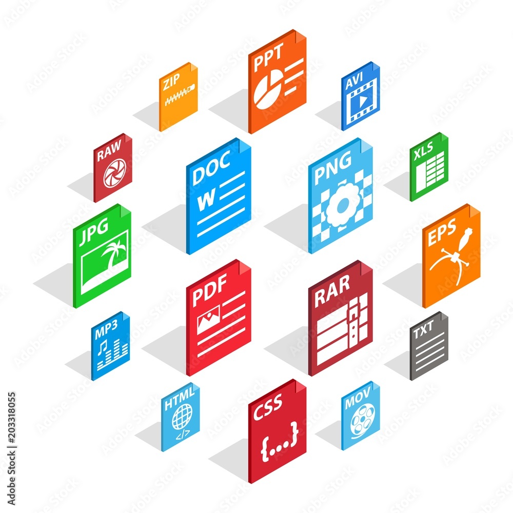 Poster file type icons set in isometric 3d style isolated vector illustration