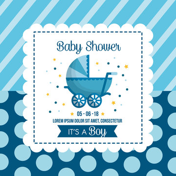 baby shower celebration background bubbles stripes blue babe carriage happy day vector illustration