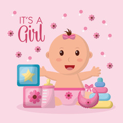 baby shower celebration pink flowers background girl open arms smiling cubes toys bib vector illustration