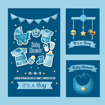 baby shower celebration banners pennats clothes bib toys vector illustration