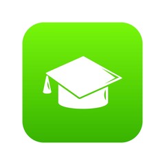 Graduation cap icon green vector isolated on white background