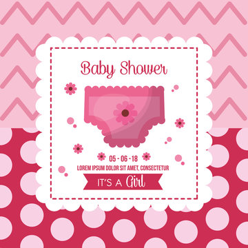 baby shower celebration frame with diaper girl born polka dot backgound vector illustration