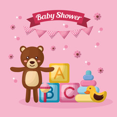 baby shower celebration cute bear open arms pink pennant cubes duck girl born vector illustration