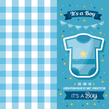 baby shower celebration square blue background clothes pennants boy born vector illustration