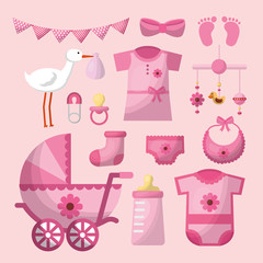 baby shower card stork pink pennant bottle milk clothes babe carriege girl day vector illustration