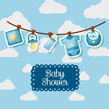 baby shower card clouds background clothes line pacifier celebration born vector illustration