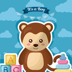 baby shower card blue clouds smiling monkey   toys vector illustration