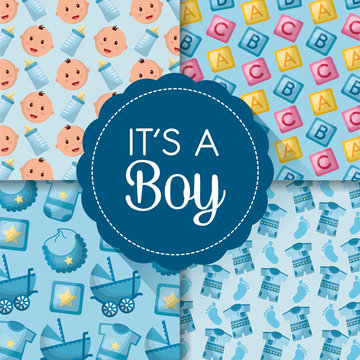 baby shower card labels faces boy smiling cubes clothes blue background born vector illustration