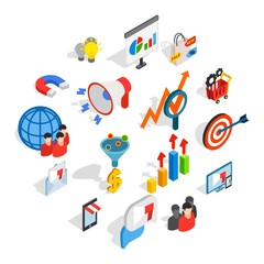 Marketing icons in isometric 3d style. Media set collection isolated vector illustration