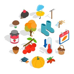 Autumn icons in isometric 3d style. October set collection vector illustration