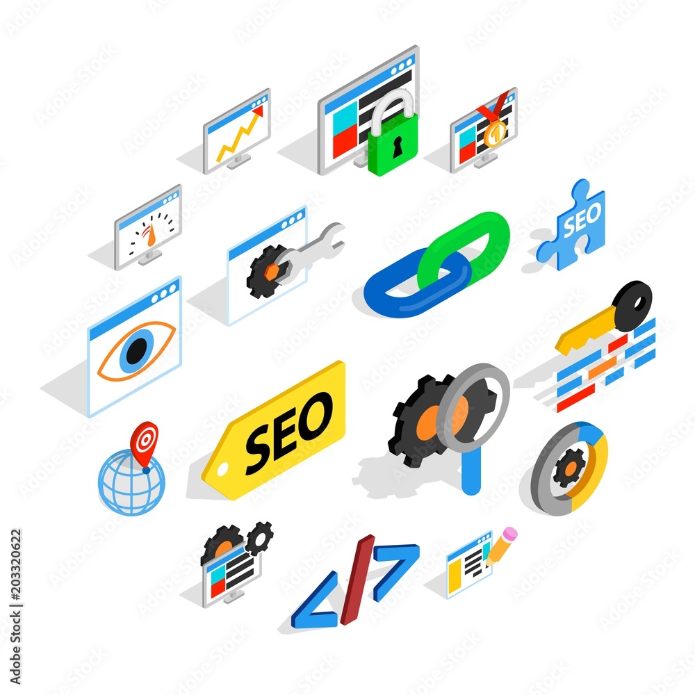 Poster seo icons set in isometric 3d style. web set collection isolated vector illustration