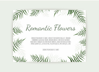 Card with leaves and geometrical frame. Floral poster.