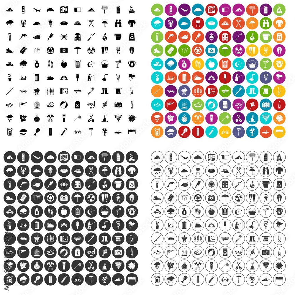 Poster 100 tourist camp icons set vector in 4 variant for any web design isolated on white