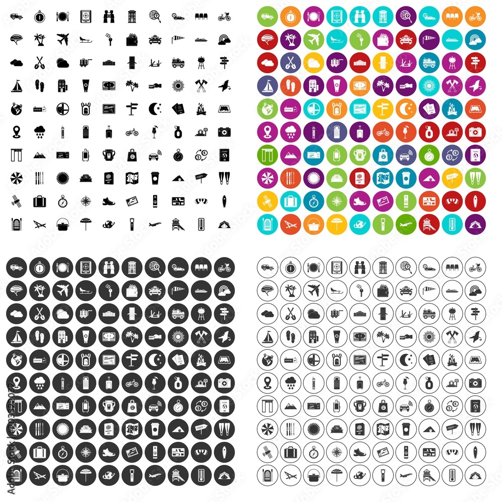 Poster 100 tourist trip icons set vector in 4 variant for any web design isolated on white