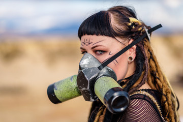 The Queen of the Apocalypse. A female militia soldier in a post-apocalyptic desert wasteland. Urban Combat and wasteland inspired. Shot in the California Desert