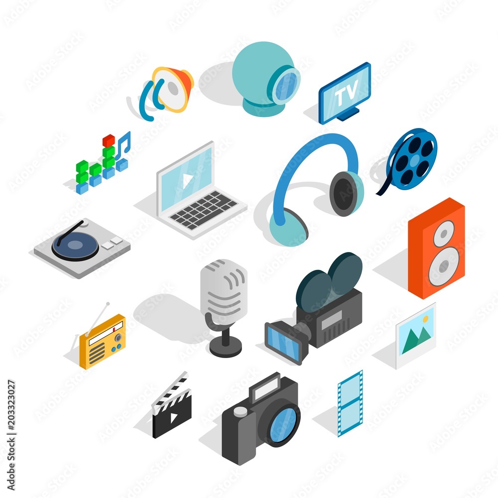 Poster isometric media icons set. universal media icons to use for web and mobile ui, set of basic media el
