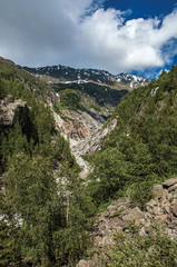 Forest with glacier creek and snowy mountains and blue sky in Argentiere. An adorable ski and hike resort located in Haute-Savoie Province, near Chamonix in the French Alps.