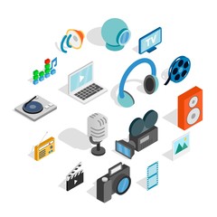 Isometric media icons set. Universal media icons to use for web and mobile UI, set of basic media elements isolated vector illustration