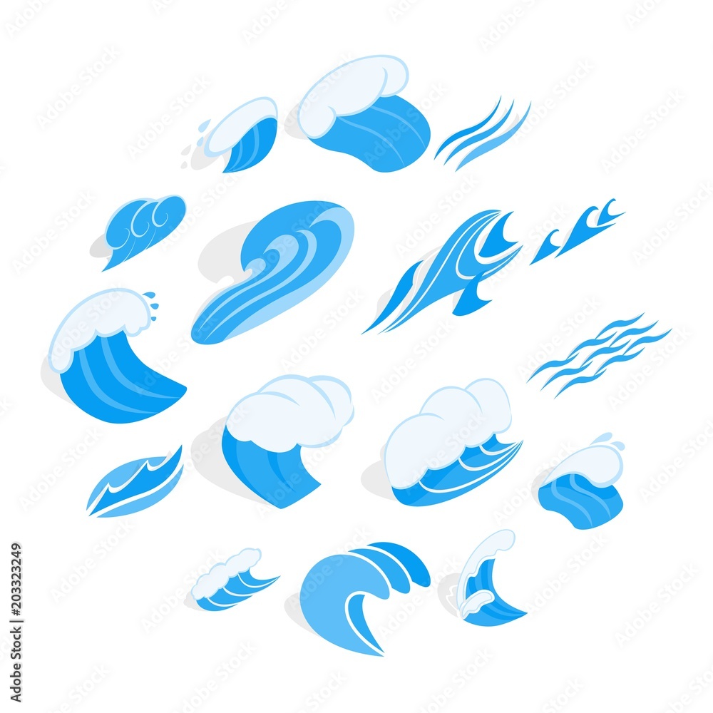 Poster isometric water wave icons set. universal water wave icons to use for web and mobile ui, set of basi