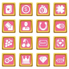 Casino icons set vector pink square isolated on white background 