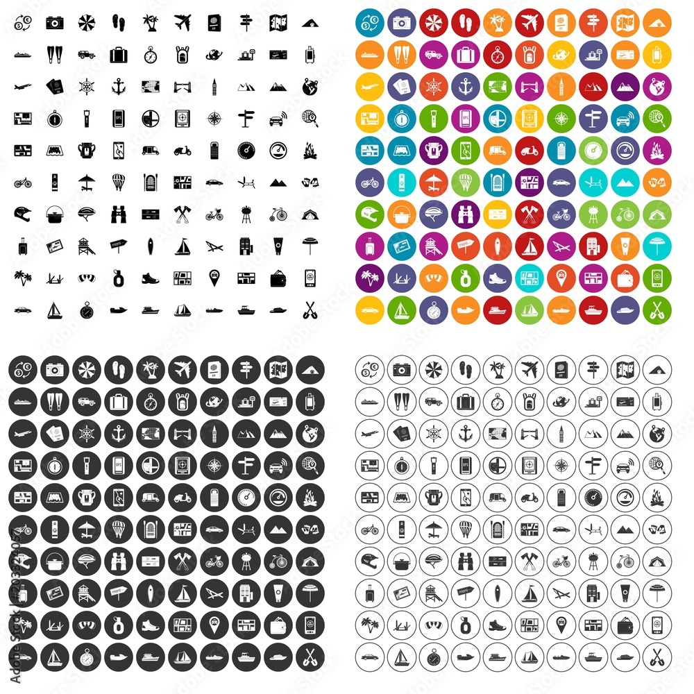 Poster 100 travel icons set vector in 4 variant for any web design isolated on white