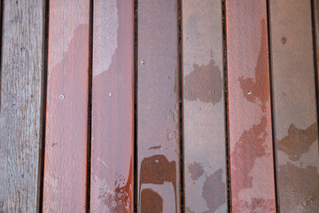 Wet wood floor balcony by rain. with copy space