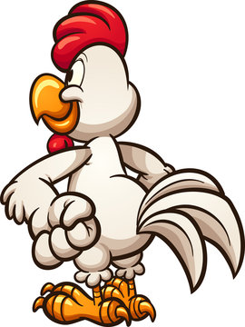 Cartoon chicken looking at something, seen from the back. Vector clip art illustration with simple gradients. All in a single layer. 