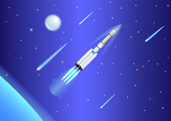Realistic Rocket in space. planet, stars, atmosphere, meteorite, comet, cosmos, universe.