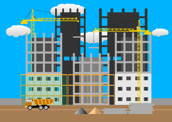 construction of multi-storey buildings. construction of residential houses construction site concept design flat style vector
