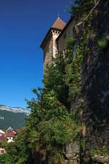 Fototapeta na wymiar View of the back wall of the castle of Annecy with plants covering the stones, city center of Annecy. Located in the department of Haute-Savoie, Auvergne-Rhone-Alpes region, southeastern France.