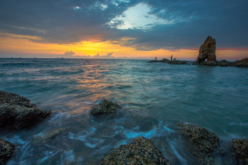 There are rock sticks in beautiful scenery for photographers or fishermen (Sut Thang Rak Laem Chabang) Sriracha, Chonburi, Thailand.