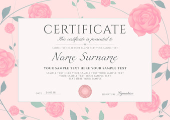 Certificate of completion template with flowers pink Roses and Green floral pattern frame (leaves). Design useful for diploma, invitation, gift voucher, coupon or different Eco friendly awards. Vector