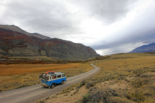 Old german vintage campervan beautiful landscape near Paso Roballos, Argentina and Chile, South America