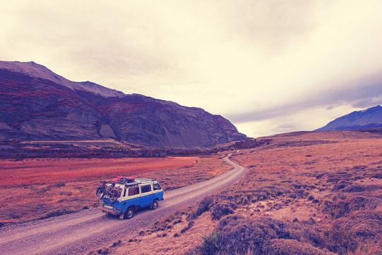 Old german vintage campervan beautiful landscape near Paso Roballos, Nashville retro vintage photo filter effect, warm color temperature, increased exposure and lower contrast, Argentina and Chile