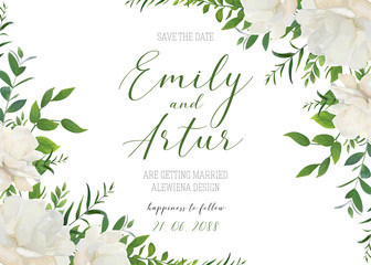 Wedding floral invite, invitation, save the date card design. White powder garden peony rose flowers, greenery leaves, eucalyptus branches, forest herbs romantic frame decoration. Elegant art template