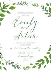 Wedding floral invitation, invite, save the date card vector template. Modern, rustic, natural design. Watercolor botanical green leaves, forest tree branches, greenery herbs elegant decorative wreath