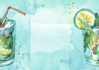 Watercolor drawing - cocktail of fruits, circe, lemon slice, lime, mint, ice. Cool drink with ice. Watercolor card, greeting card of blue, abstract spot. Splash, bright streaks of paint. 