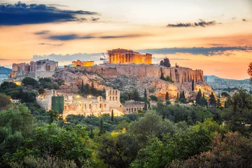Poster Parthenon, Akropolis van Athene, Griekenland bij de zomerzonsopgang © sborisov