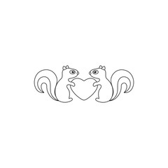 Vector cartoon outline  squirrels with heart