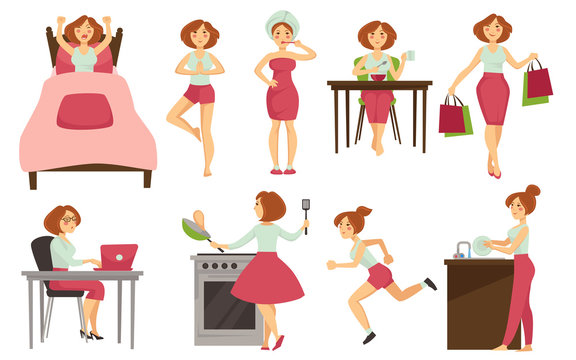 Woman daily routine vector icons. 