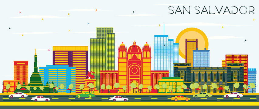 San Salvador City Skyline with Color Buildings and Blue Sky.