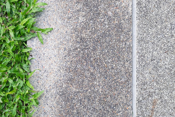 Close up grass texture with fall dry leaves and concrete sheet. copy space background