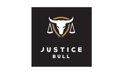 Skeleton Bull Buffalo Longhorn Shield silhouette and Justice Scales Law Court Lawyer Legal logo design 