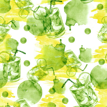 Seamless watercolor pattern with a drink, cocktail with lemon, ice, mojito, smoothies. Fruit lemon, mint leaf. Green pattern, with a yellow splash of abstract spots.