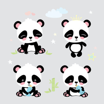 Four cute panda,funny cartoon vector