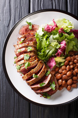 Grilled Carne Asada steak with salad and beans close-up. Vertical top view